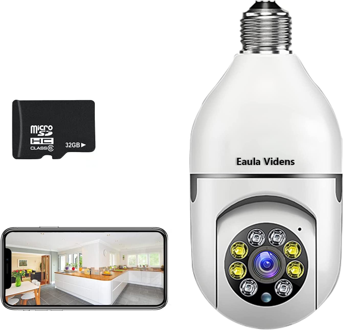 Eaula Videns, Light Bulb Security Camera 1080P, PTZ Wifi 360 Degree E27 Panoramic IP Camera,Night Vision Color, Motion Detection,Support WIFI2.4GHZ/5.0GHZ, APP Access(White) (Security Camera+32Gb)