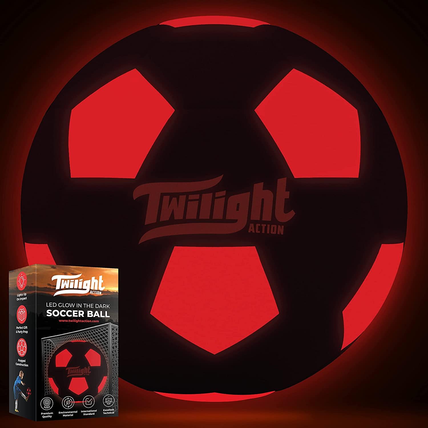 TWILIGHT ACTION, Light Up Soccer Ball Size 5-for Nighttime Play. Two Bright LED Lights Inside with Batteries and Pump Included. Perfect for Boy and Girls Gift