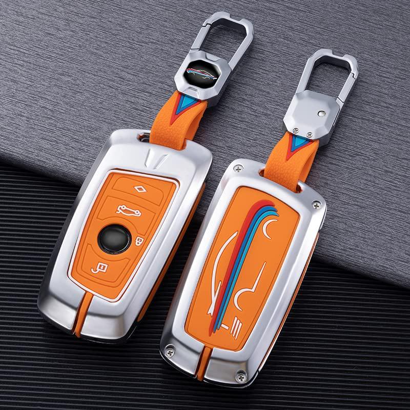 RYE, Lightweight Alloy Car Key Cover for BMW,4 Buttons Remote Control Key Case with Silicone Inner Sleeve,Compatible with BMW 1/3/4/5/6/7 Series and X3/X4/M5/M6/GT3/GT5 - Silver Orange