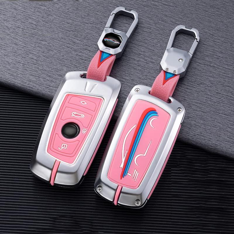 RYE, Lightweight Alloy Car Key Cover for BMW,4 Buttons Remote Control Key Case with Silicone Inner Sleeve,Compatible with BMW 1/3/4/5/6/7 Series and X3/X4/M5/M6/GT3/GT5- Silver Pink