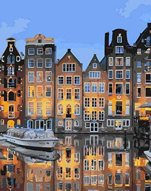 LikeyFactory, Likeyfactory Paint by Numbers Kit for Adults Kids on Canvas with Paintbrushes Color Acrylic DIY Drawing Premium Quality Colorwork Paintwork Sunset in Amsterdam 16x20inch