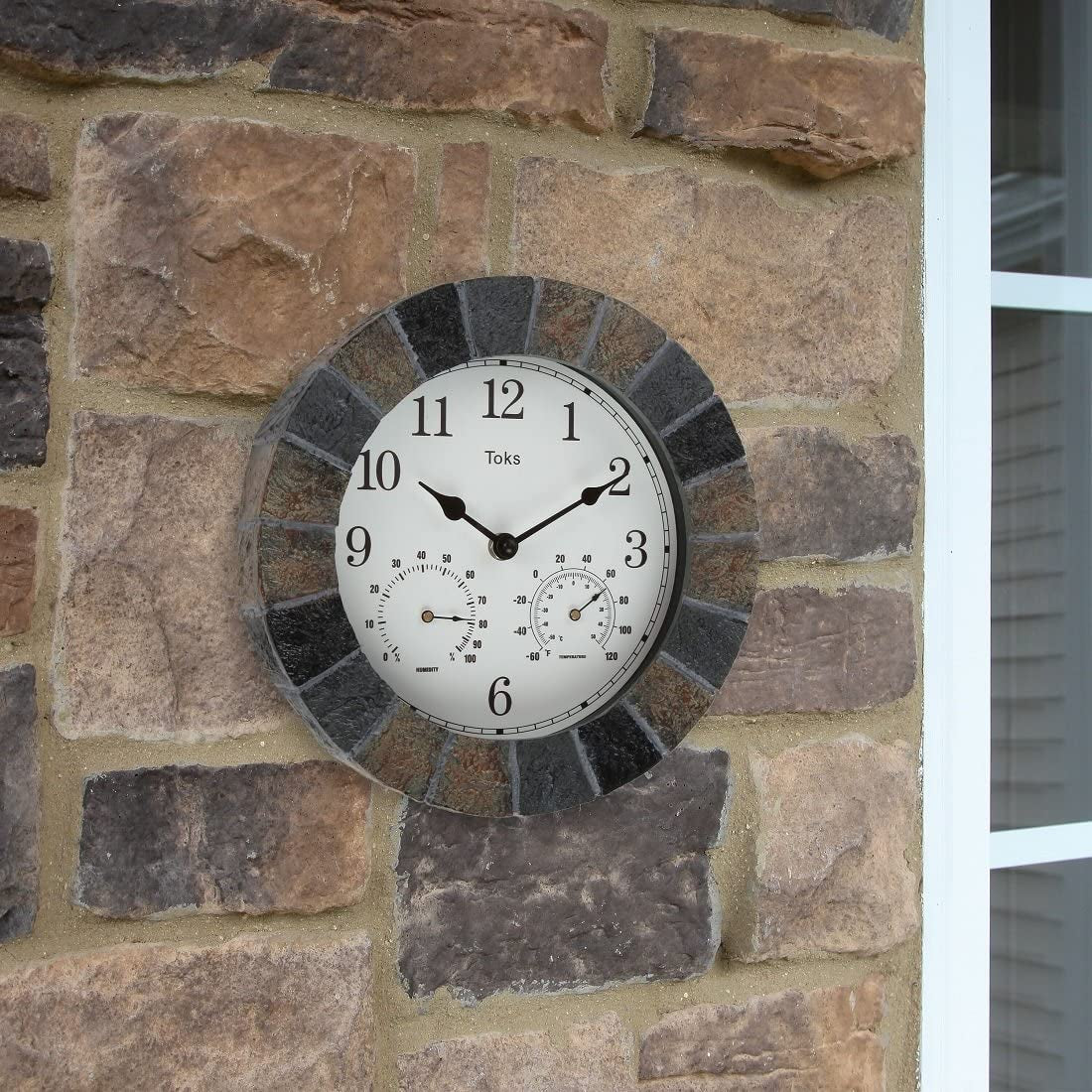 Lily's Home, Lily'S Home Hanging Wall Clock, Includes a Thermometer and Hygrometer and Is Ideal for Indoor and Outdoor Use, Faux-Slate (10 Inches)