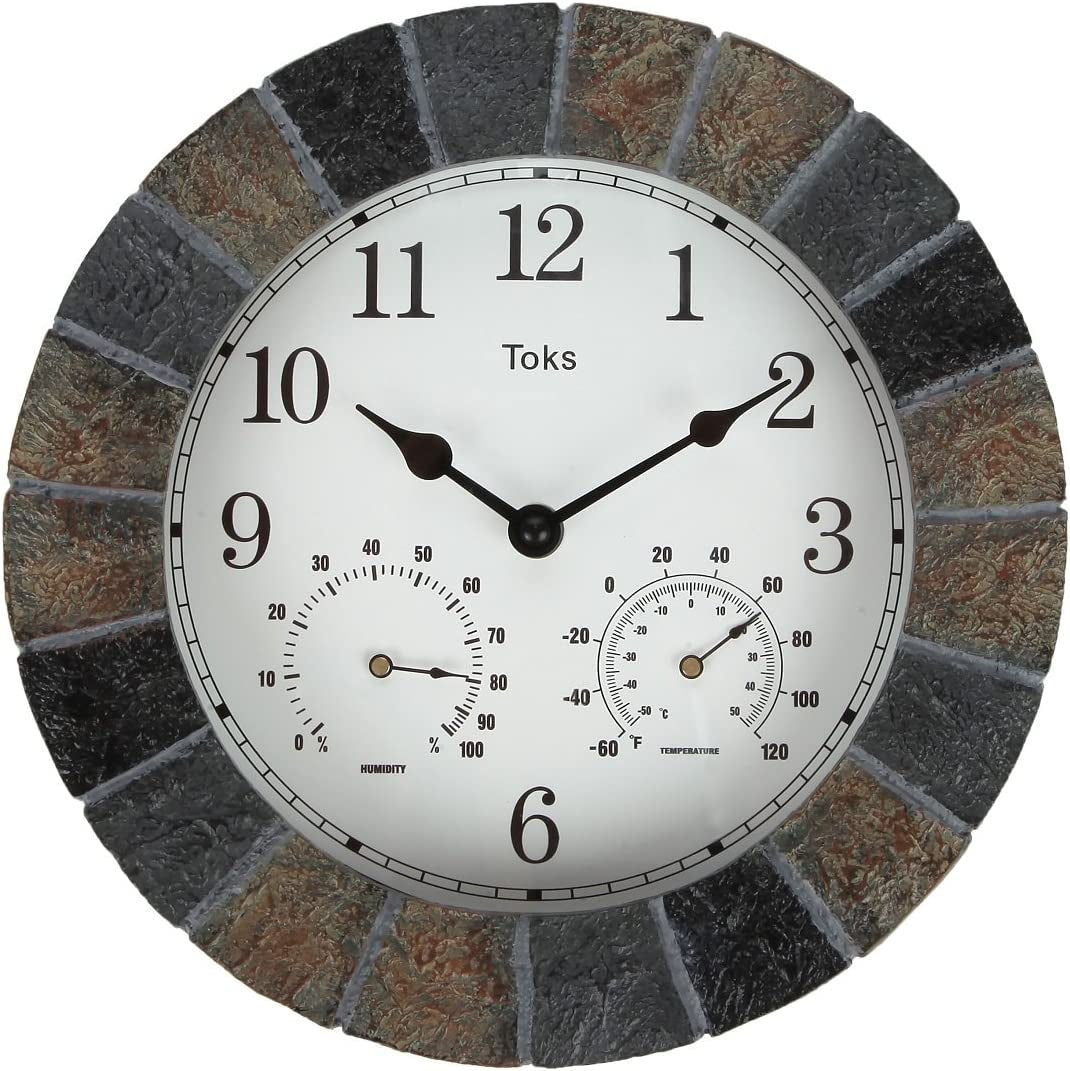 Lily's Home, Lily'S Home Hanging Wall Clock, Includes a Thermometer and Hygrometer and Is Ideal for Indoor and Outdoor Use, Faux-Stone (10 Inches)