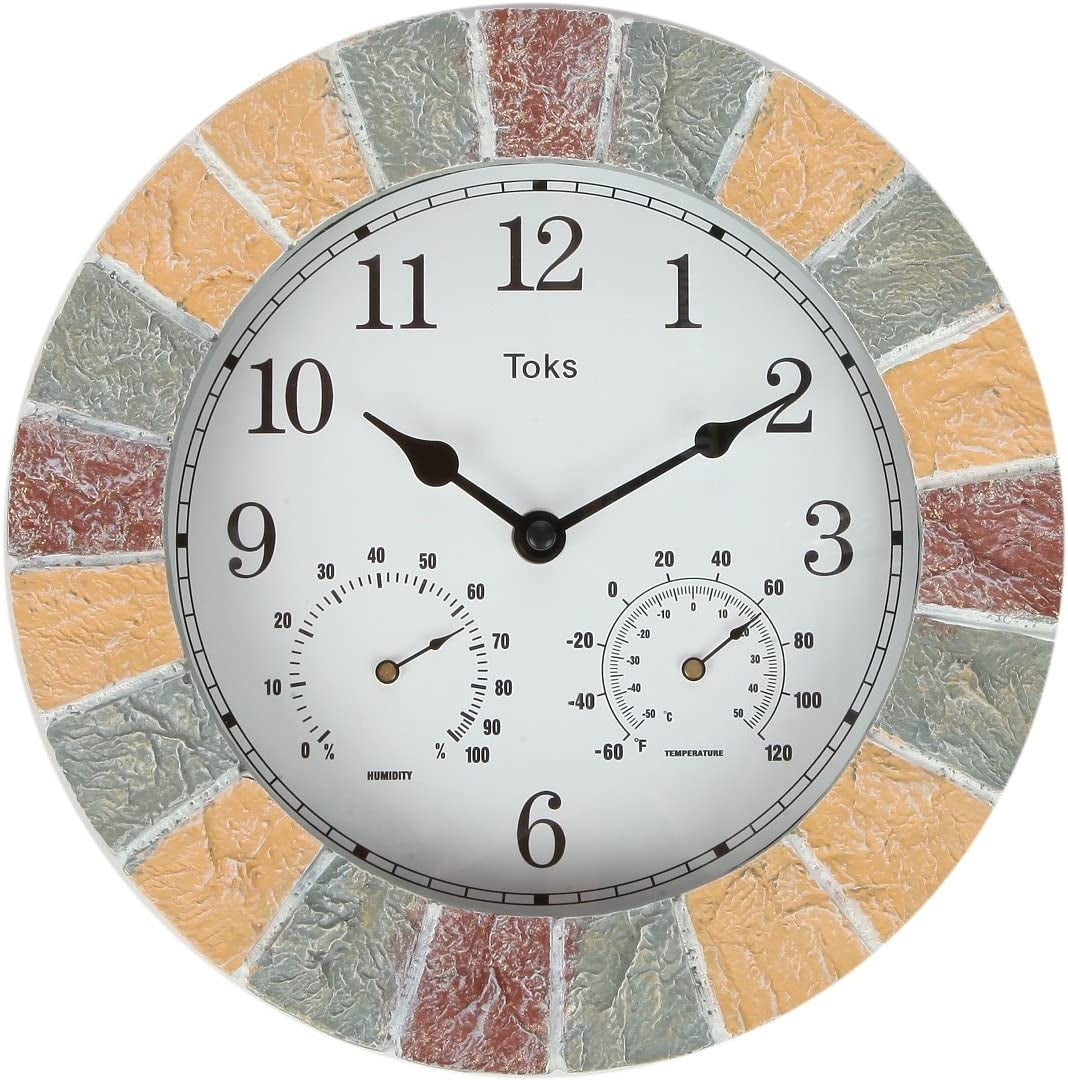 Lily's Home, Lily'S Home Hanging Wall Clock, Includes a Thermometer and Hygrometer and Is Ideal for Indoor and Outdoor Use, Faux-Stone (10 Inches)