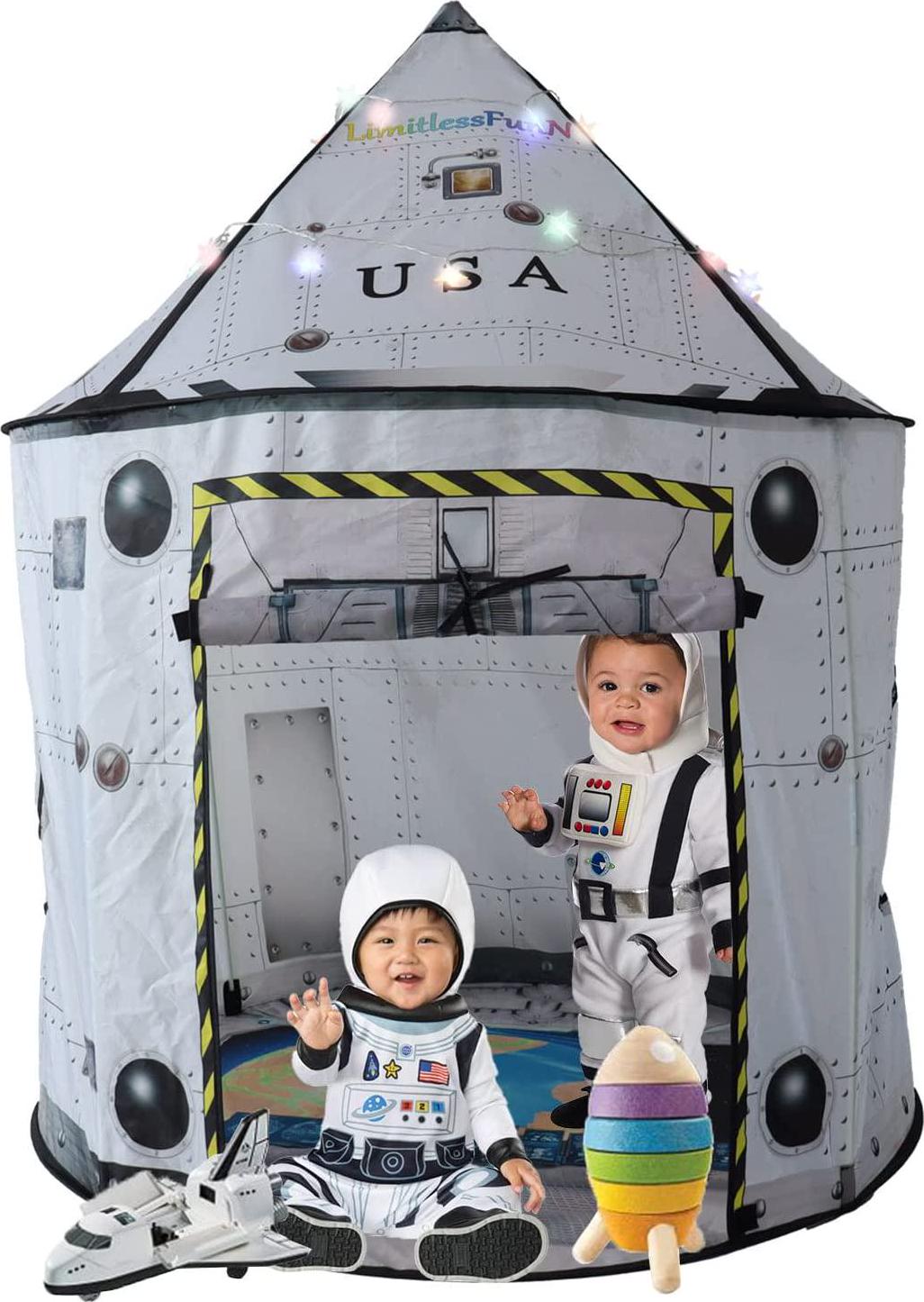 LimitlessFunN, LimitlessFunN Play Tent for Kids with Star Lights and Carrying Case [ Pop Up Portable Glow in The Dark ] Children Castle Playhouse for Boys and Girls , Indoor and Outdoor Use (White Rocket)