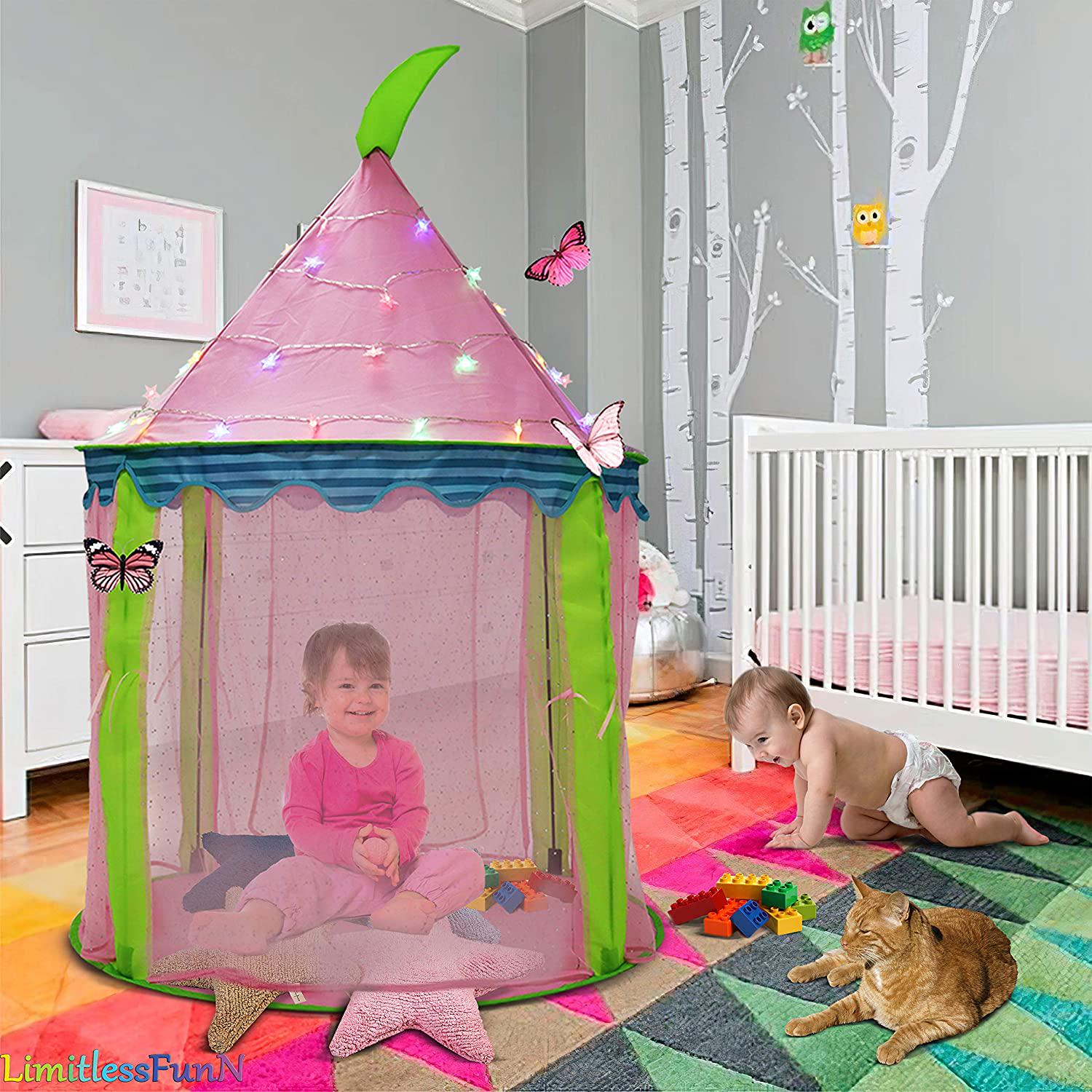 LimitlessFunN, LimitlessFunN Princess Castle Tent with Star Lights 41 X 55 Girls Playhouse Kids Play Tent for Children, Indoor and Outdoor, Pink