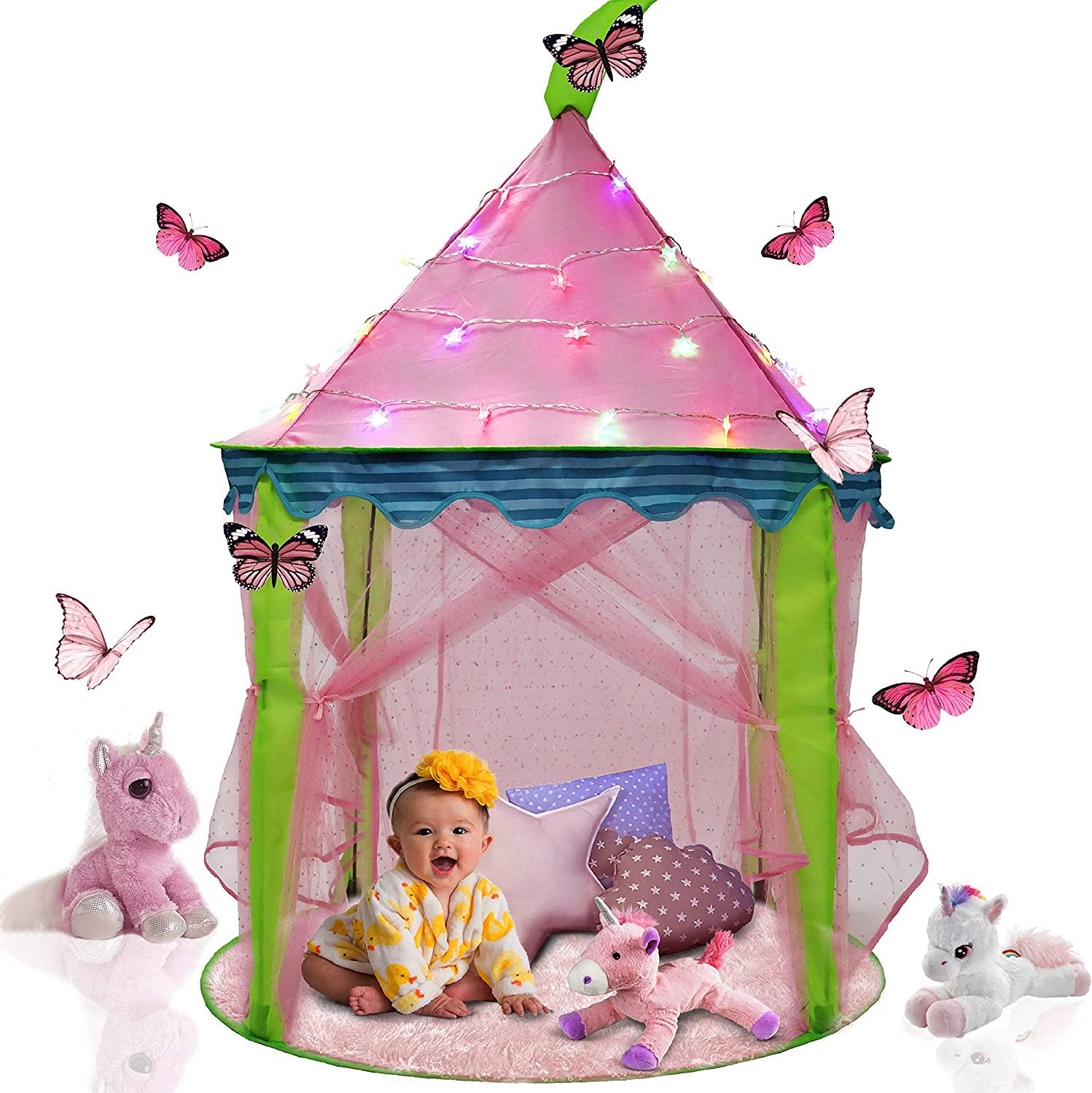 LimitlessFunN, LimitlessFunN Princess Castle Tent with Star Lights 41 X 55 Girls Playhouse Kids Play Tent for Children, Indoor and Outdoor, Pink
