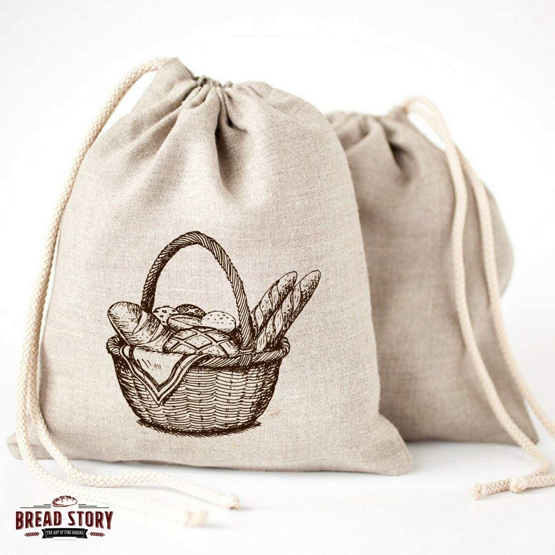 Bread Story, Linen Bread Bags - 3 Pack 30 x 40 Speical Art Design Unbleached Linen Reusable Food Storage for Homemade Artisan Bread