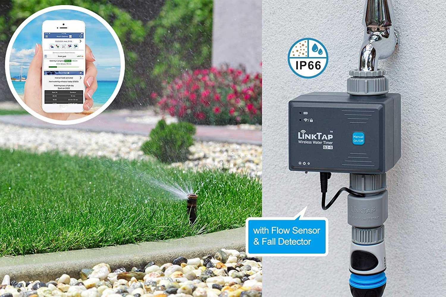 LinkTap, Linktap G2S Wireless Water Timer & Gateway & Flow Meter - Smart Sprinkler Timer for Garden, Greater Range than Wifi Hose Timer, Real-Time Fault Detection & Notification, Automatic Rain Skip, IP66