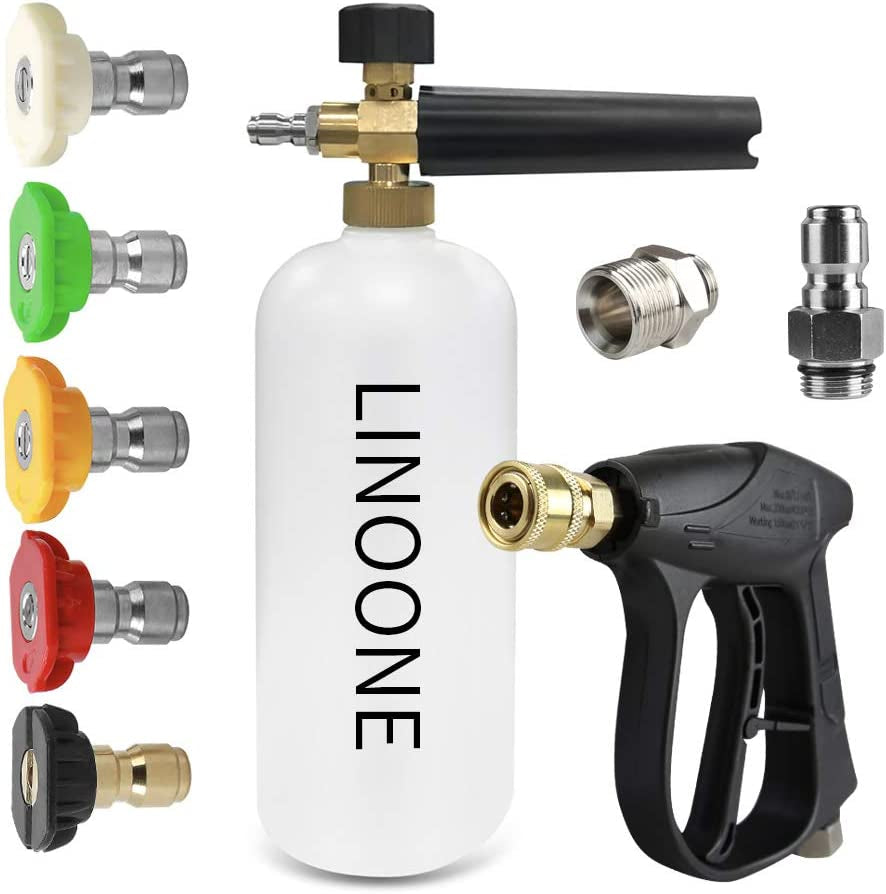 Rrtizan, Linoone Foam Cannon Wash Gun Kit Pressure Washer Gun with 5 Nozzle Tips Snow Foam Lance Foam Blaster for 3000PSI Pressure Washer | M22-14Mm and 3/8" Quick Connector | 1/4” Quick Outlet Connector