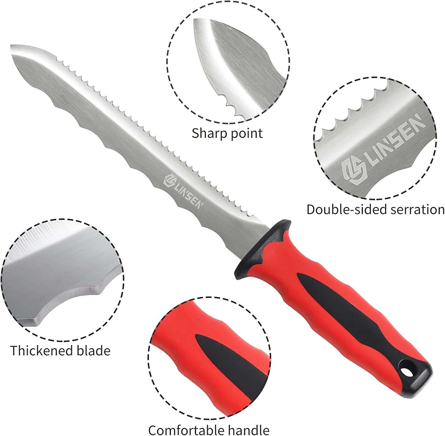 Linsen-outdoor, Linsen-Outdoor Stainless Steel Garden Knife with 7.8" Blade and Red Handle, Double Side Utility Sod Cutter Lawn Repair Garden Knife with Nylon Sheath