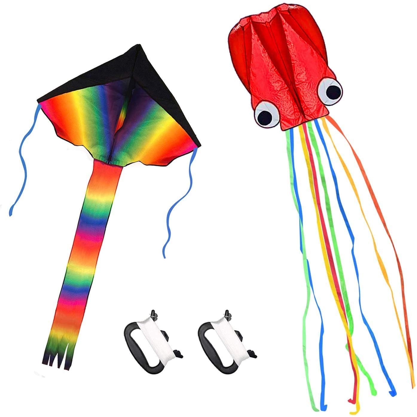 Listenman, Listenman 2 Pack Kites - Large Rainbow Delta Kite and Red Mollusc Octopus with Long Colorful Tail for Children Outdoor GameActivitiesBeach Trip Great Gift to Kids Childhood Precious Memories