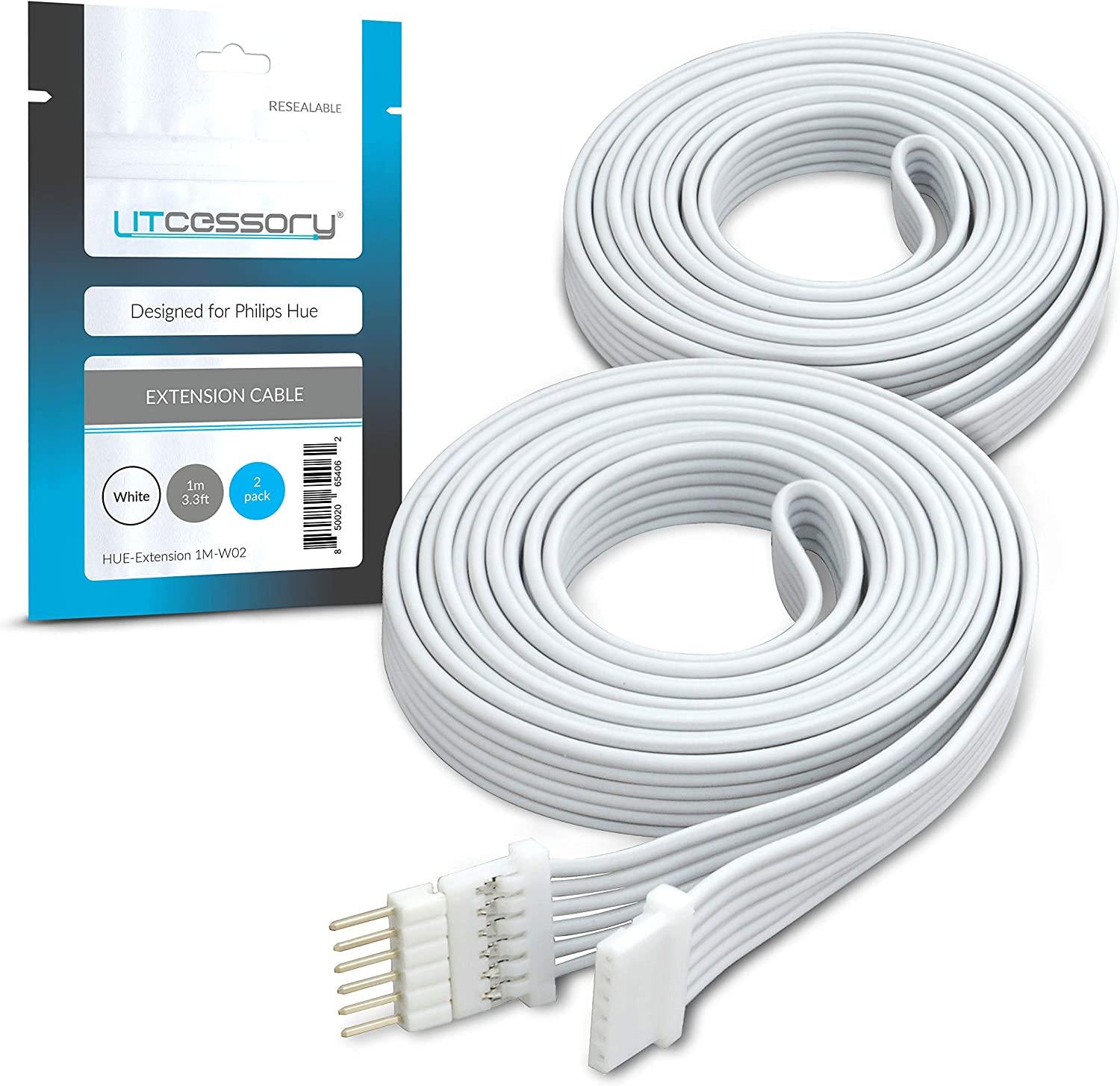 Litcessory, Litcessory Extension Cable for Philips Hue Lightstrip Plus (1m, 2 Pack, White - Micro 6-PIN V4)