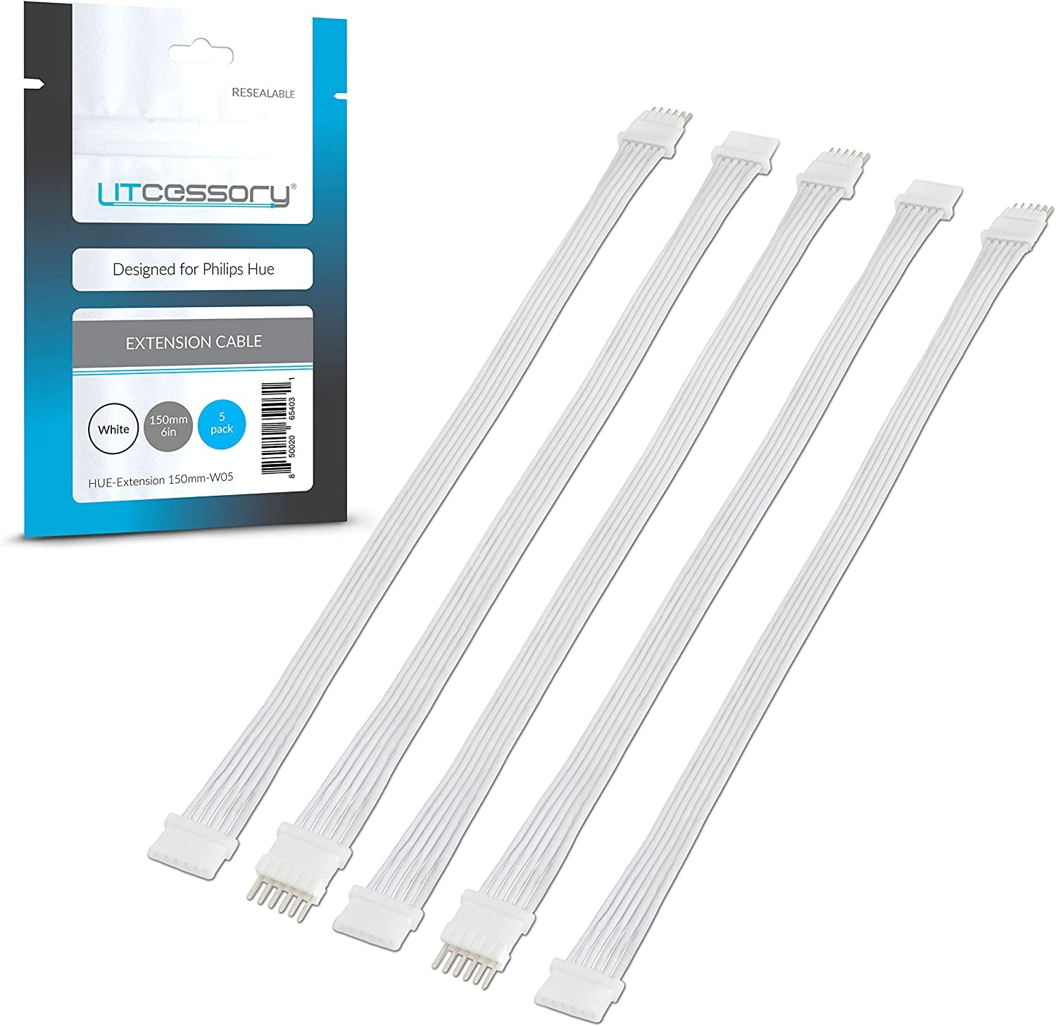 Litcessory, Litcessory Extension Cable for Philips Hue Lightstrip plus (150Mm, 5 Pack, White - Micro 6-PIN V4)