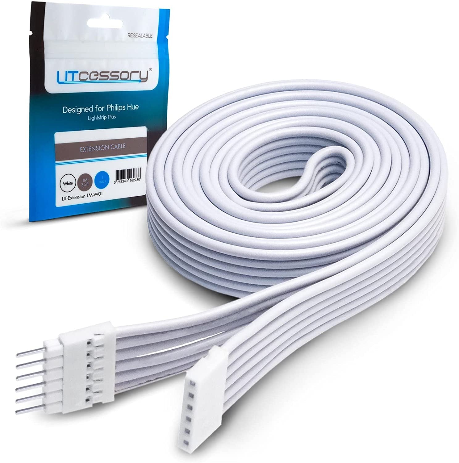 Litcessory, Litcessory Extension Cable for Philips Hue Lightstrip plus (1M, 1 Pack, White - Standard 6-PIN V3)