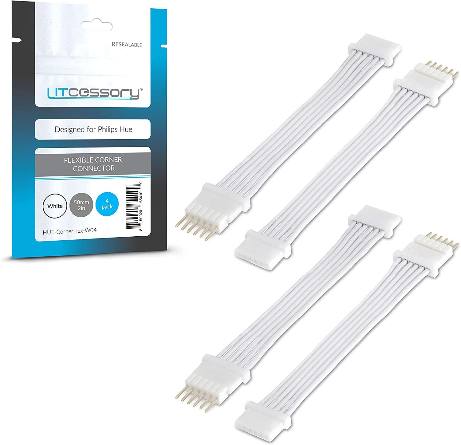 Litcessory, Litcessory Flexible Corner Connector/Extension Cable for Philips Hue Lightstrip Plus (50mm, 4 Pack, White - Micro 6-PIN V4)