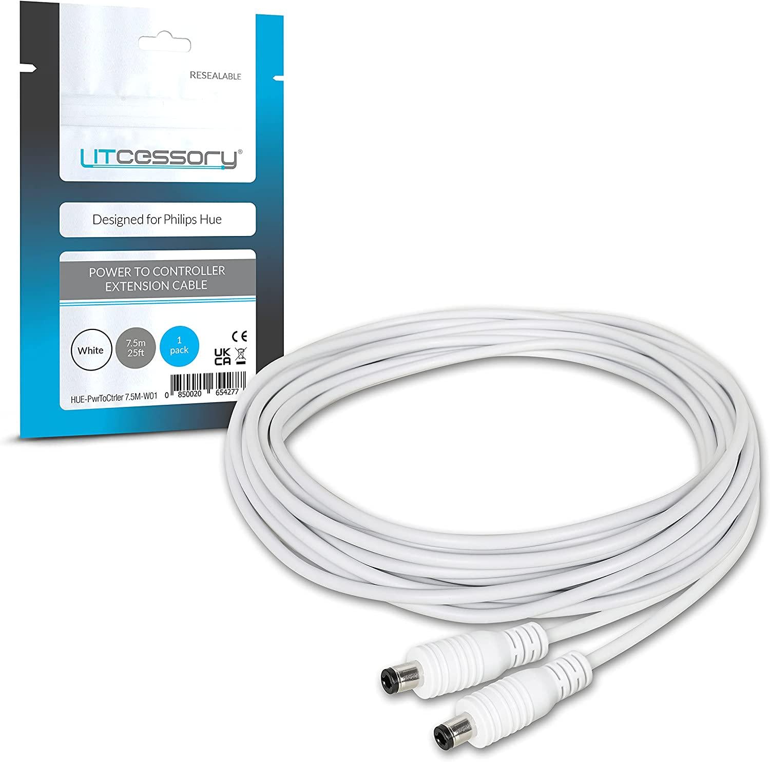 Litcessory, Litcessory Power to Controller Extension Cable for Philips Hue Lightstrip Plus (7.5m, White)