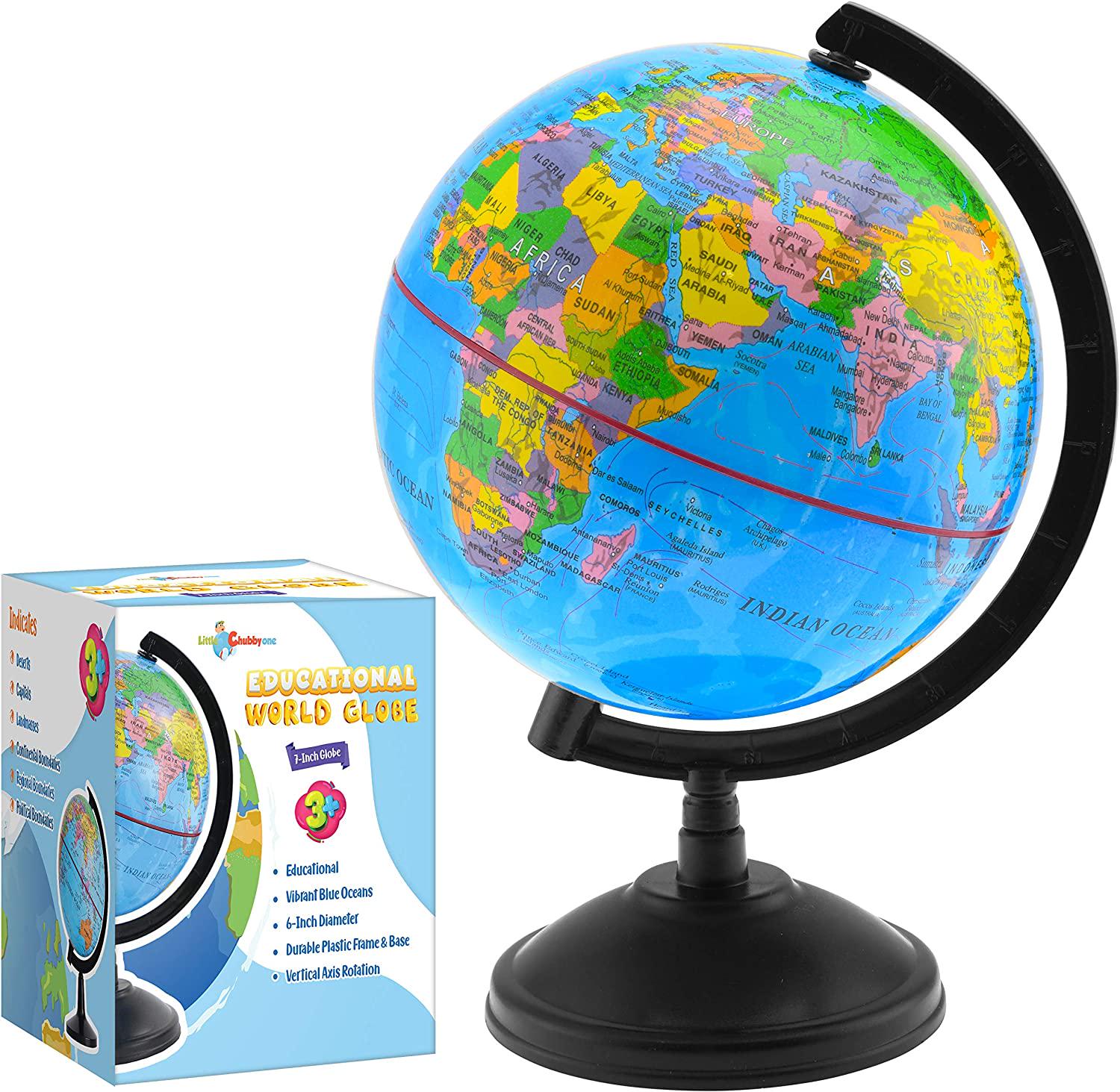 LITTLE CHUBBY ONE, Little Chubby One 7-inch Educational World Globe - Educational and Decorative Piece - Colorful Informative Easy to Read Spinning Globe Ideal for Learning Geography and Perfect Decor for Kids Room