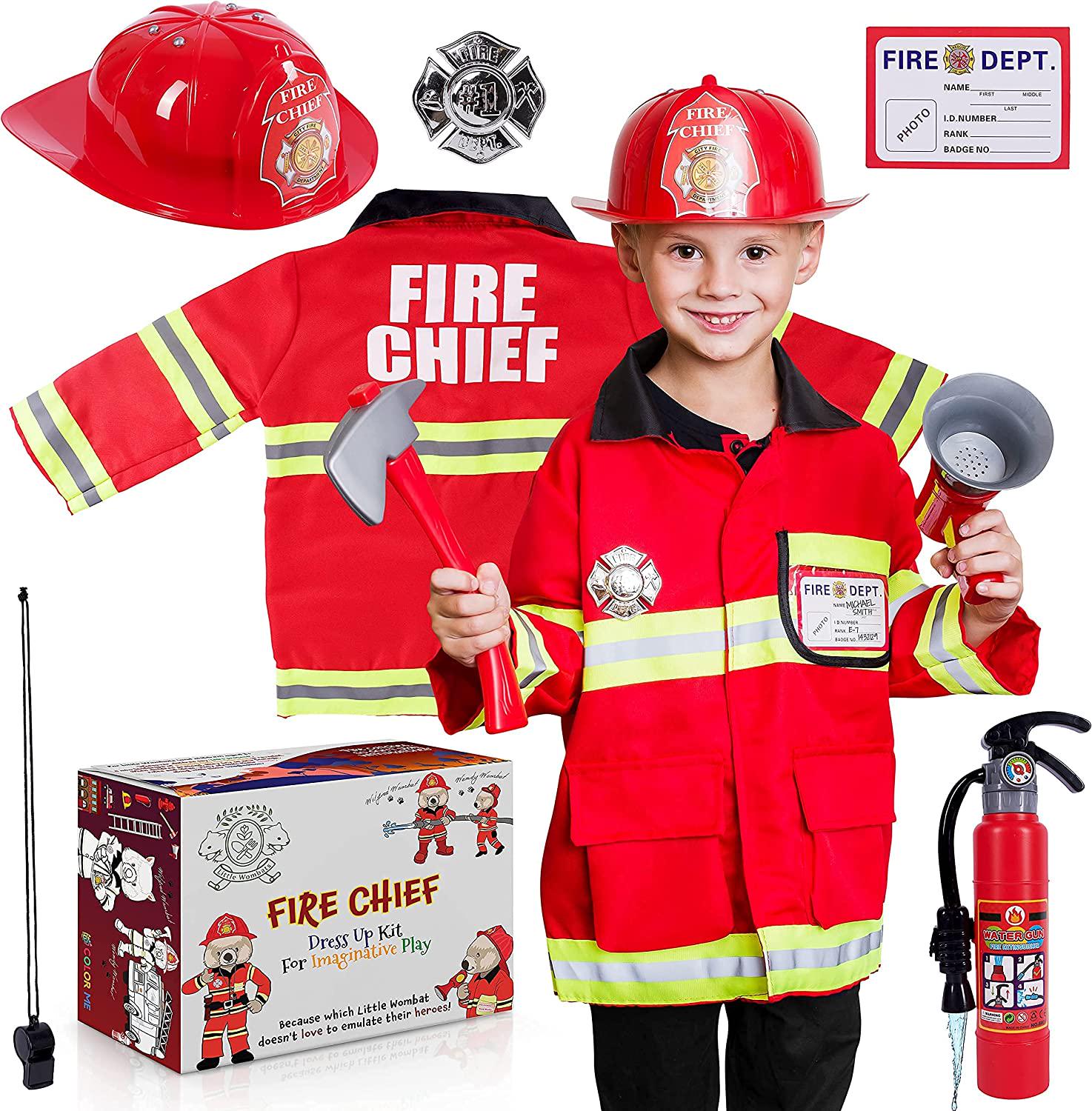Little Wombats, Little Wombats Firefighter Costume for Kids, (10 pcs) with Jacket, Helmet, Plastic Axe, Extinguisher, Megaphone, Ages 3 to 7 - Fire Chief Outfit with Fireman Toys - Halloween Costumes for Boys, Girls