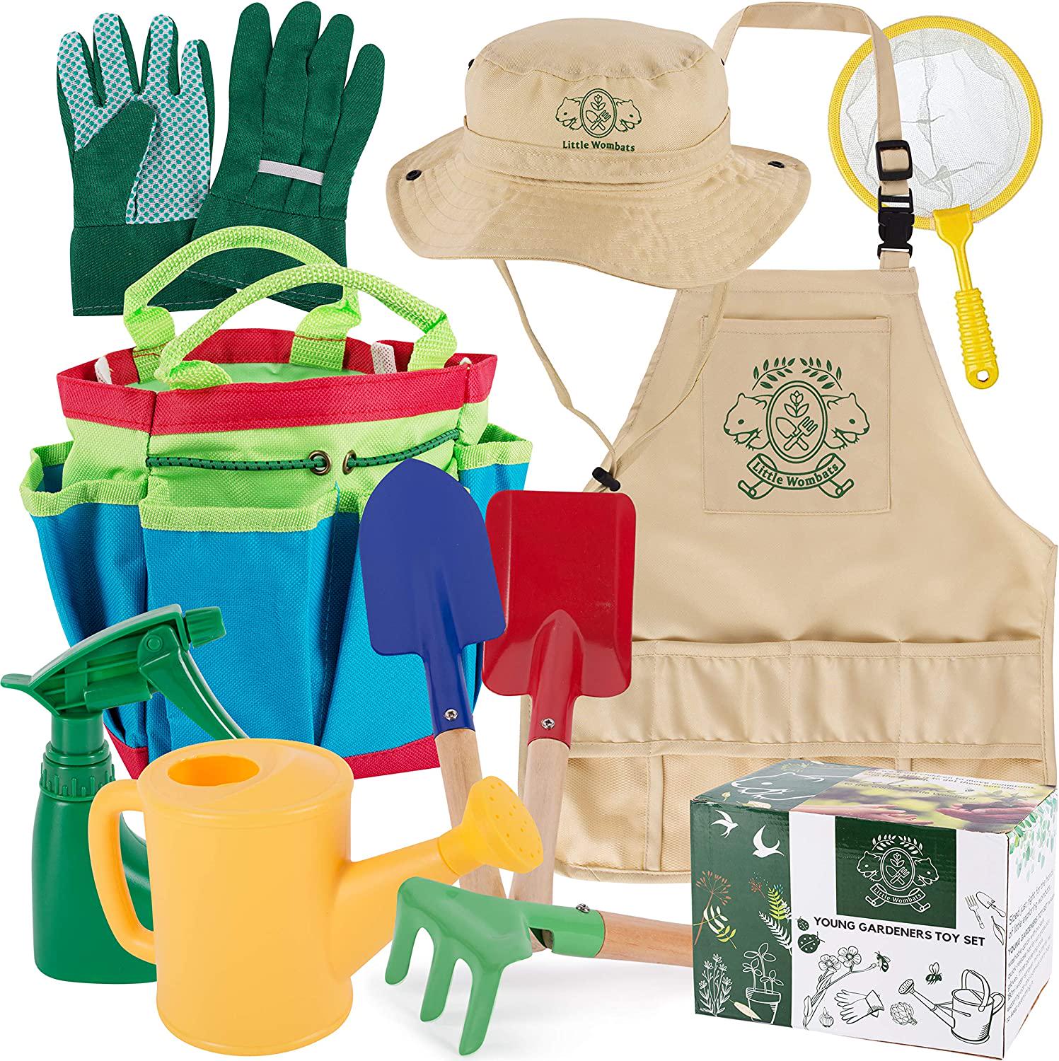 Little Wombats, Little Wombats Kids Gardening Tools, 10 Piece Garden / Backyard Tools, Gloves, Apron, Rake, Hat, Shovel, Watering Can, Spray Bottle, Butterfly Net and Tote - Pretend Play for Boys and Girls Age 3-7