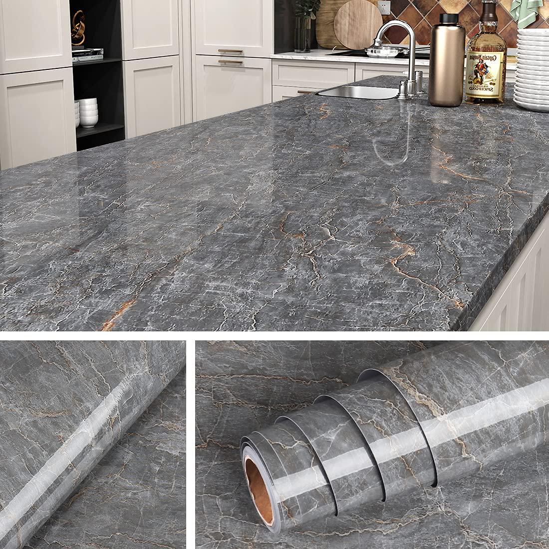 Livelynine, Livelynine 197 X 24 Inch Dark Gray Marble Contact Paper Self Adhesive Countertop Peel and Stick Countertops Waterproof Kitchen Wallpaper Peel and Stick Table Top Desk Cover Counter Top Stick Paper