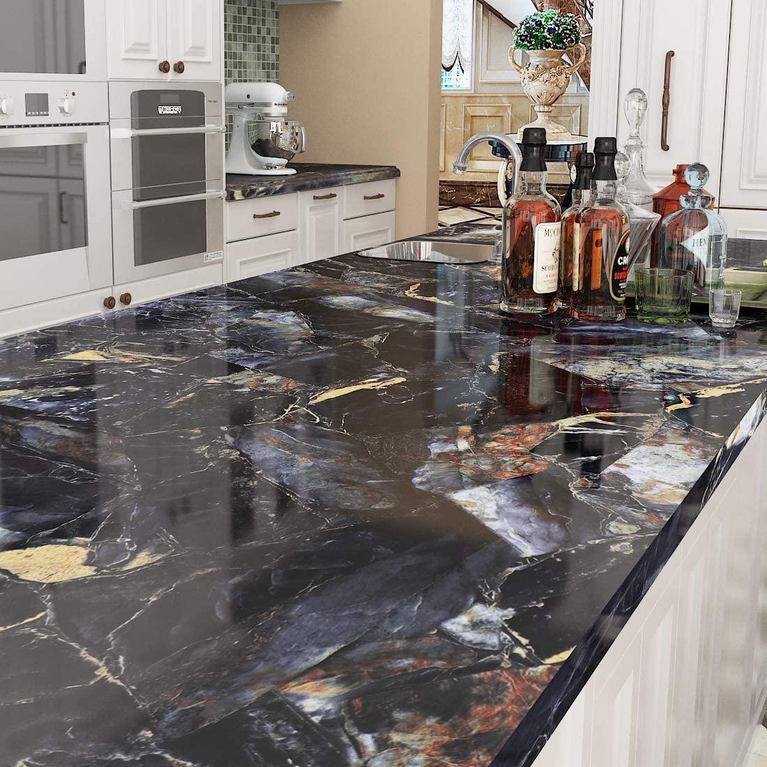 Livelynine, Livelynine 197 X 24 Inch Wide Contact Paper for Countertops Waterproof Dresser Cover Top Black and Gold Wallpaper Marble Peel and Stick Countertop for Kitchen Counter Laminate Sheets Table Sticker