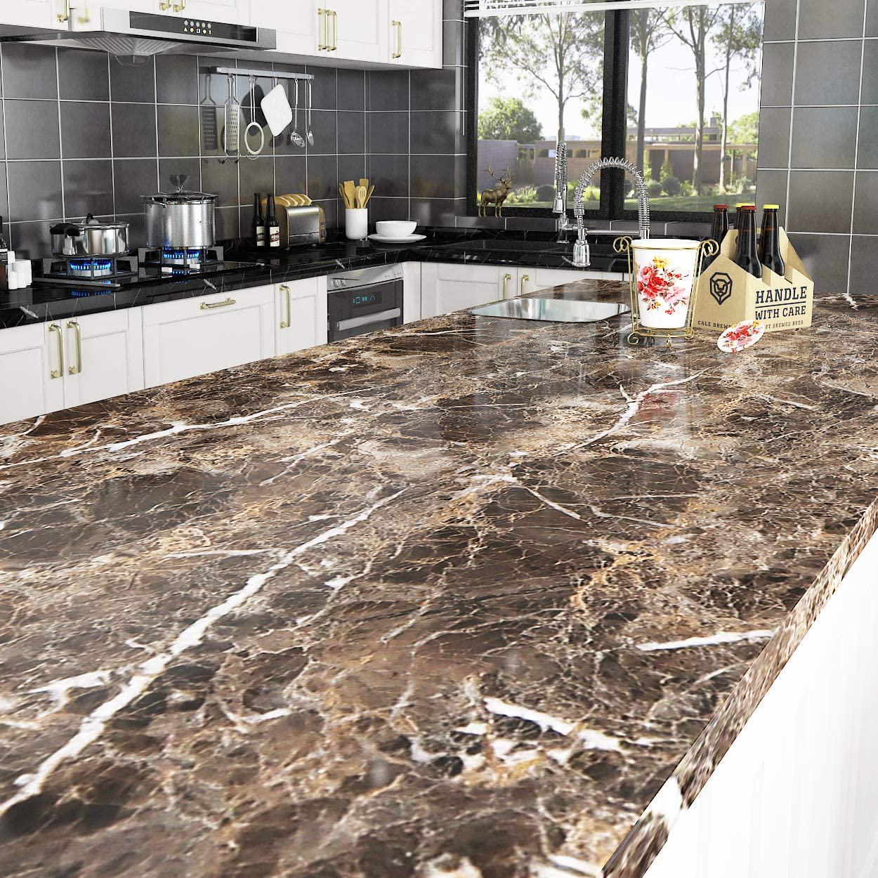 Livelynine, Livelynine 197 X 24 Inch Wide Countertop Contact Paper Brown Marble Wallpaper for Kitchen Countertop Peel and Stick Wallpaper for Bathroom Furniture Granite Countertop Paper Table Desk Cover