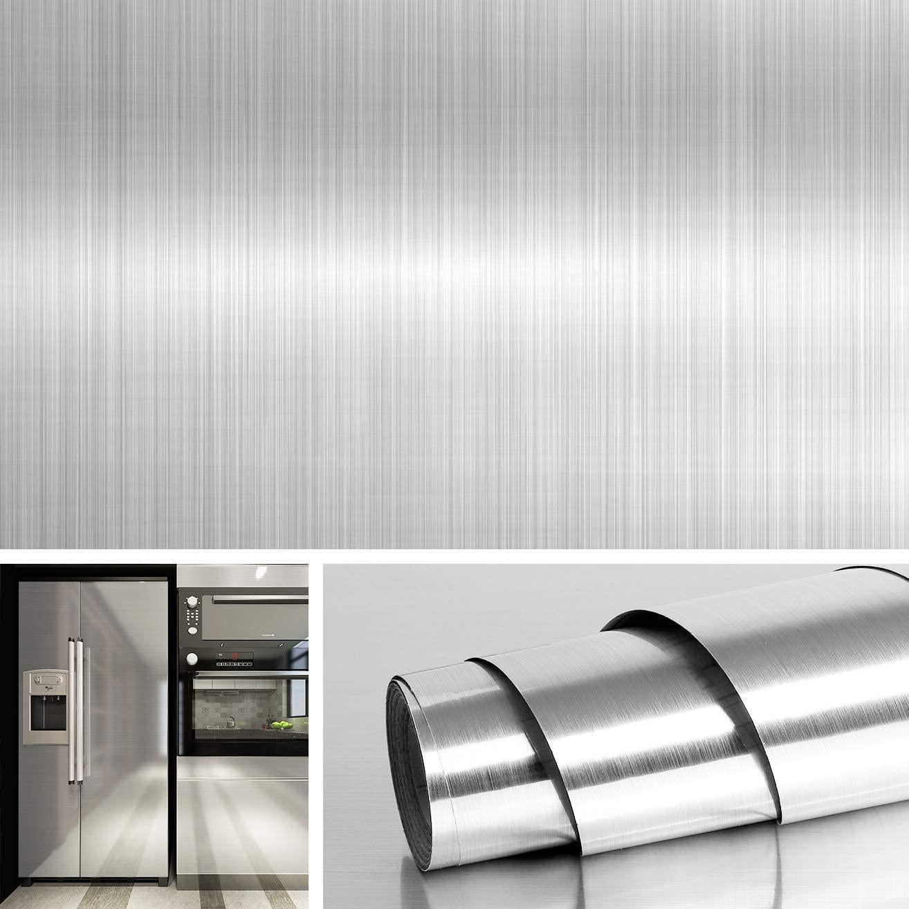 Livelynine, Livelynine Brushed Nickel Vinyl Peel and Stick Wallpaper Decorative Stainless Steel Contact Paper for Countertops Kitchen Cabinets Appliances Dishwasher Fridge Refrigerator Stove Covers 15.8x78.8 Inch
