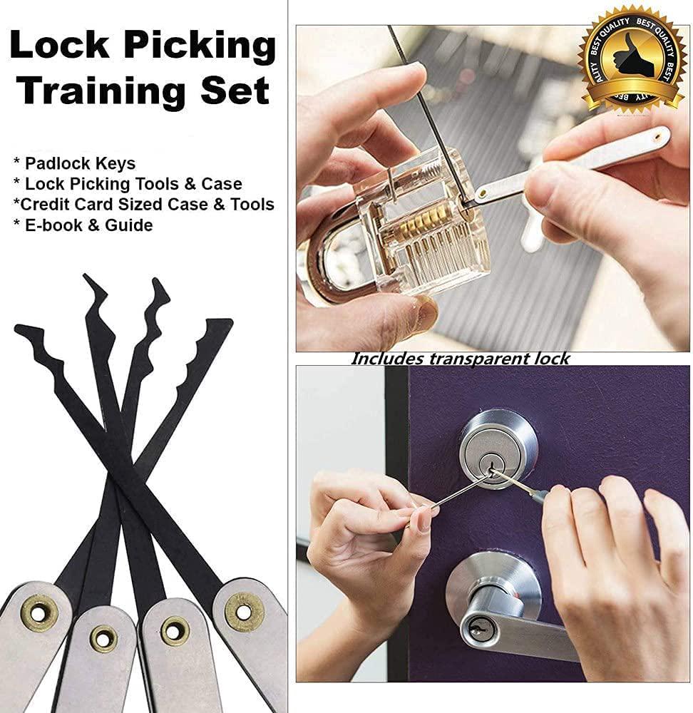 UKBJCRF, Lock Picking Kit with Practice Lock - Stainless Steel Multitool Practice Tool Lock Set with Padlock 15pieces