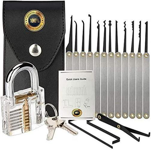UKBJCRF, Lock Picking Kit with Practice Lock - Stainless Steel Multitool Practice Tool Lock Set with Padlock 15pieces