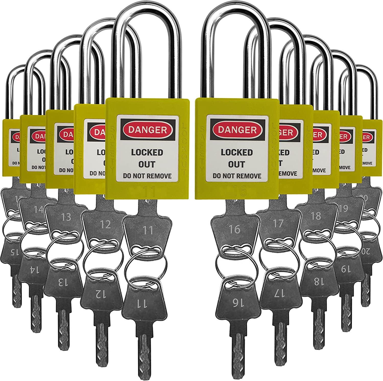 SAFBY, Lockout Tagout Locks, Safety Padlock, Keyed Differently Loto Safety Padlocks for Lock Out Tag Out ,Key Different 10 PCS with Number (Yellow NO.11-20)