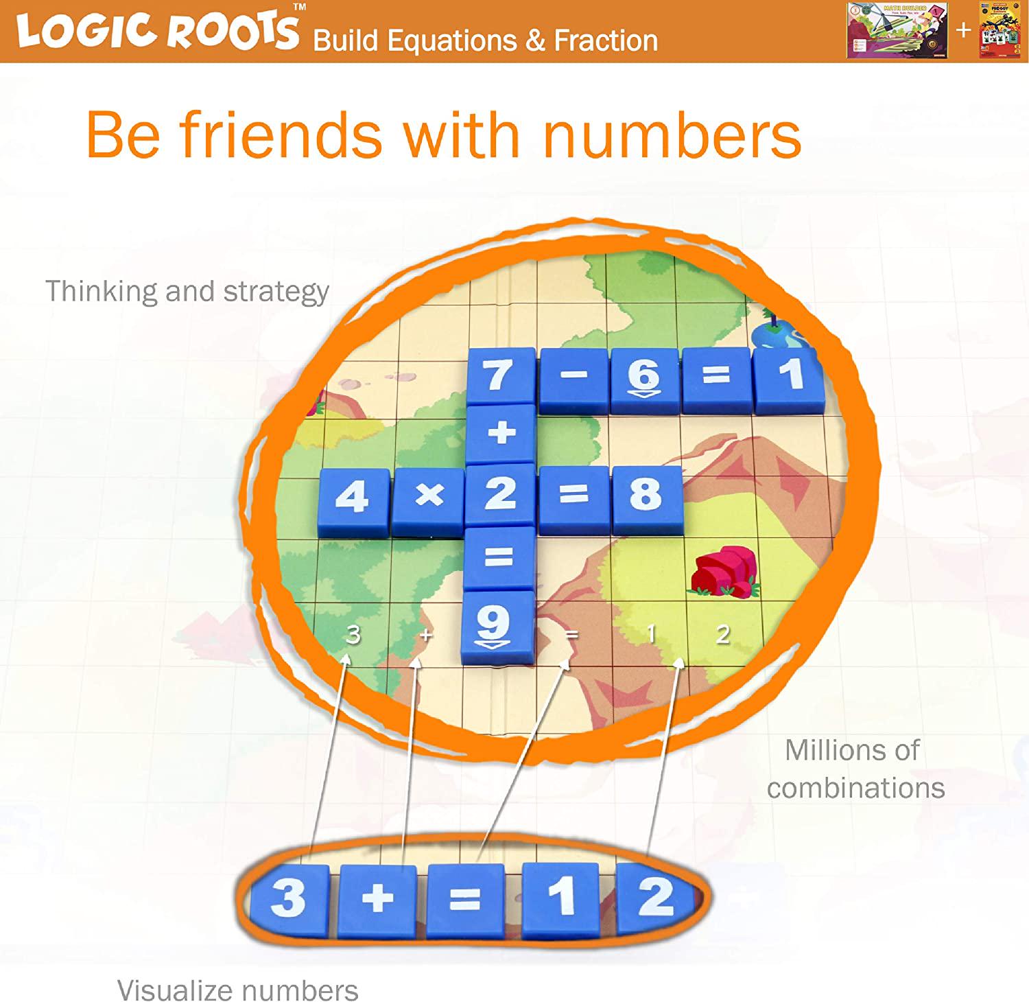 Logic Roots, Logic Roots 2 Math Manipulatives - 124 Number Tiles, 25 Fraction Tiles and 72 Fraction Cards. Learn Addition, Subtraction, Multiplication, Division and Fractions for Kids 8,9,10,11 and 12 Year olds