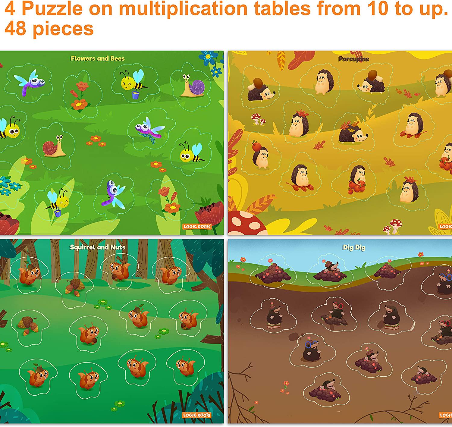 Logic Roots, Logic Roots Math Puzzle for Kids - Multiplication Table 10-12 Practice, Fun STEM Toy for 5 - 8 Year Olds, 4 Foam Puzzles with 10 Pieces Each, Learning Gift for Kids, Homeschoolers, Grade 1 and Up