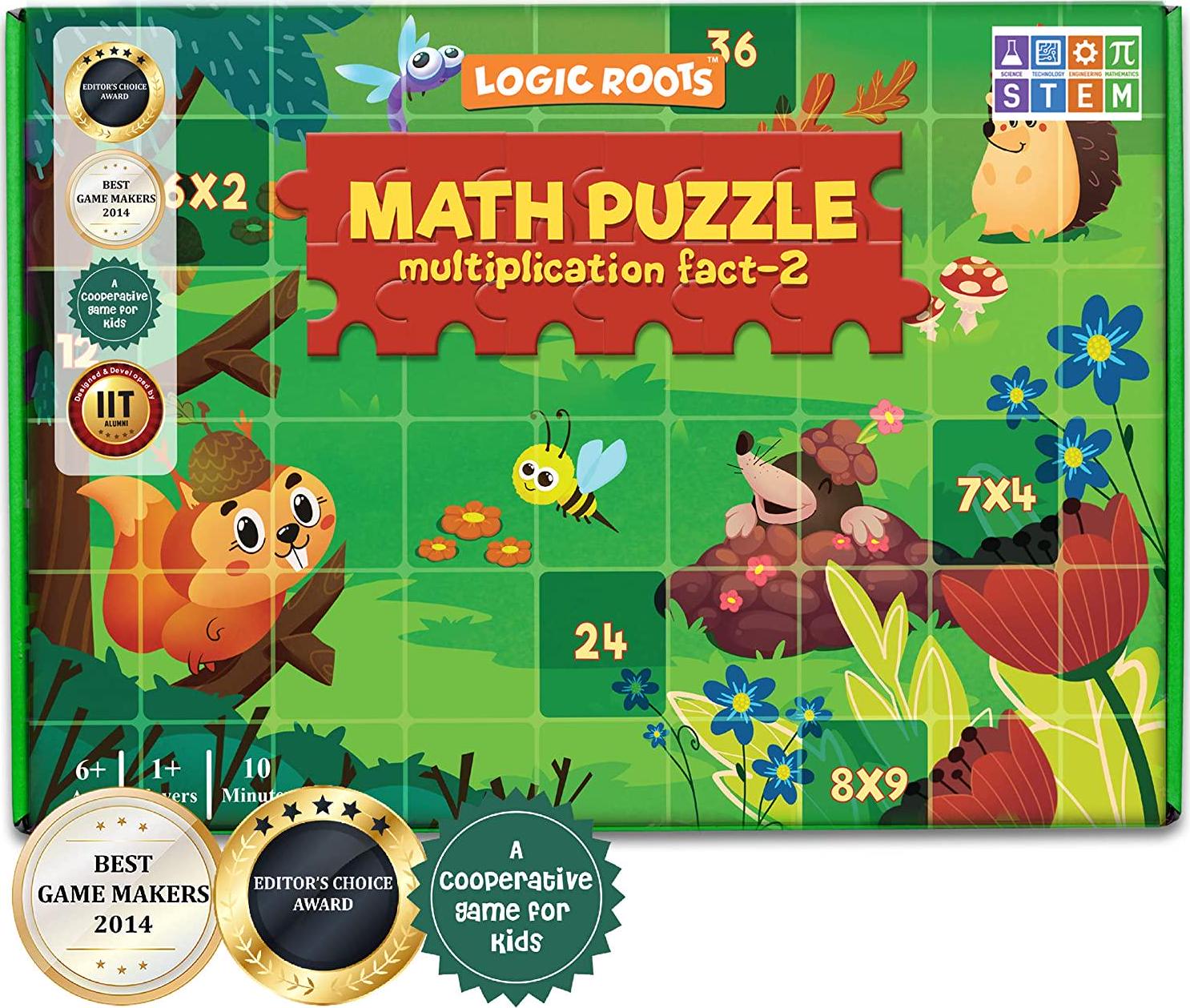 Logic Roots, Logic Roots Math Puzzle for Kids - Multiplication Table 6-9 Practice, Fun STEM Toy for 5 - 8 Year Olds, 4 Foam Puzzles with 12 Pieces Each, Learning Gift for Kids, Homeschoolers, Grade 1 and Up