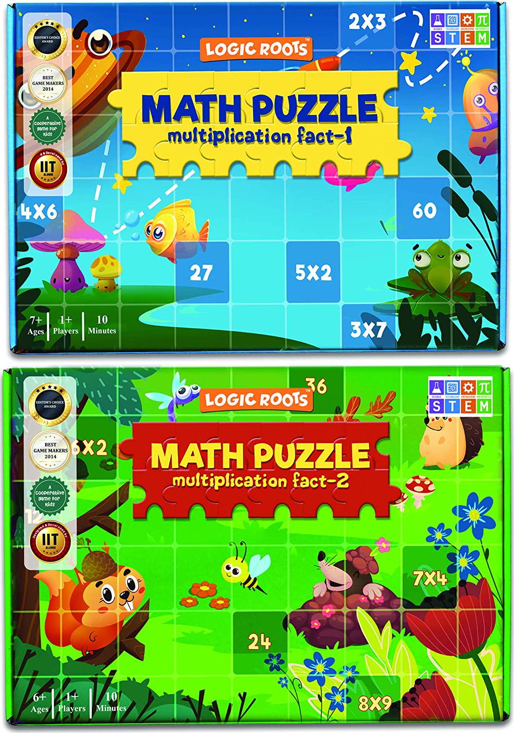 Logic Roots, Logic Roots Multiplication Puzzles - Pack of 2 Math Games, Multiplication Table 2-9 Practice, STEM Toys for 7 - 9 Year Olds, Learning Gift for Kids (Girls and Boys), Homeschoolers, Grade 1 and Up