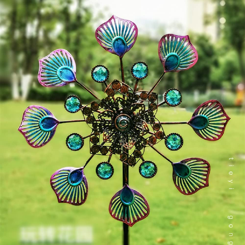 Los Bamoa, Los Bamoa Kinetic Wind Spinner with Garden Stake, Metal Windmill-Kinetic Garden Decoration, 360 Swivel Peacock Outdoor Wind Sculpture Spinners, 90Cm Dual Direction Wind Catcher for Yard Idea