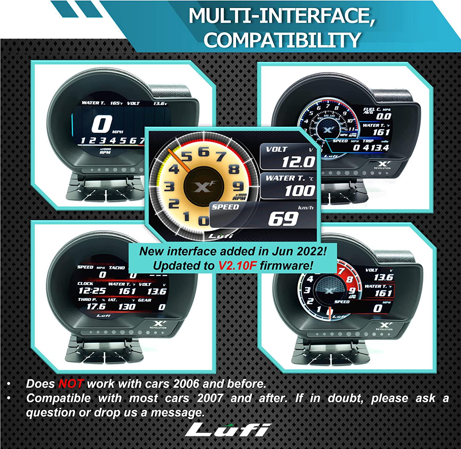 Lufi, Lufi XF Revolution OBD2 Gauge Display, Multi-Data Monitor, Head Up Display, Highly Customizable, Accurate and Fast Response [for Most Cars 2007 and After]
