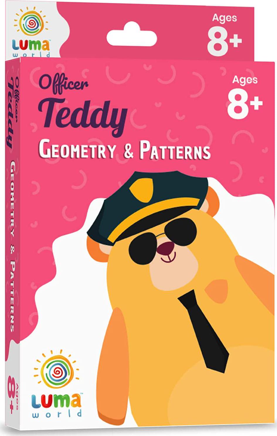 LUMA WORLD ADD LIFE TO LEARNING, Luma World Educational Flash Cards for Ages 8 and Up: Officer Teddy | Game-Based Maths Flash Cards with Magic Glass to View Hidden Answers | Learn Grade 3 Geometry and Patterns (Set of 50 Cards)