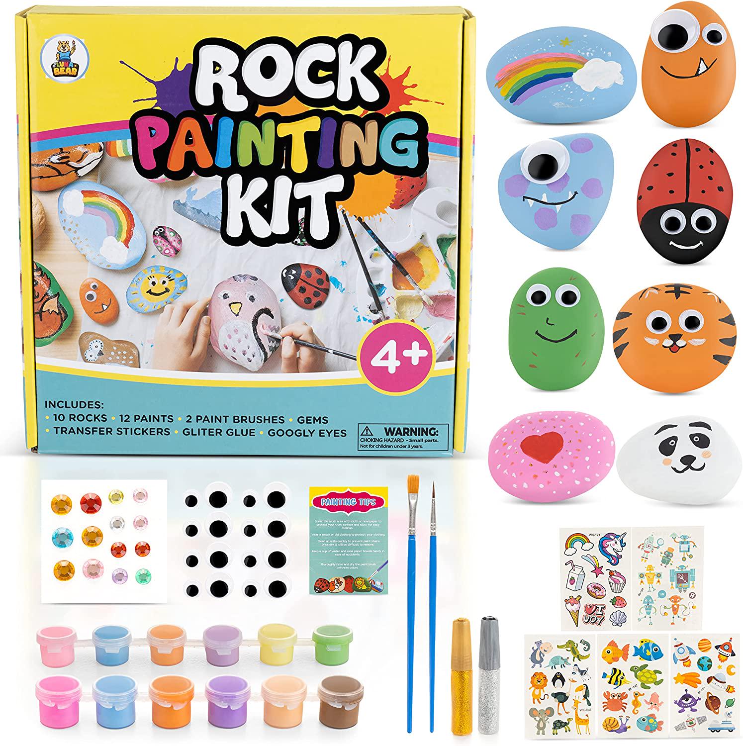 Luna Bear, Luna Bear Products - Rock Painting Kit - DIY Arts and Crafts Project Kits for Kids - Make Handmade Decorations, Gifts, Pet Rocks - Includes Smooth River Rocks, Non-Toxic Paint, Brushes, Transfers - 4+