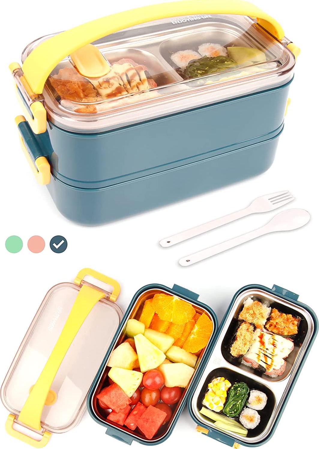 Koncle, Lunch Box, Koncle Bento Box for Adults and Kids, Leakproof Stackable Lunch Containers with Spoon and Fork, Dishwasher and Microwave Safe Stainless Steel Japanese Lunch Box Food Storage containers 1.6L