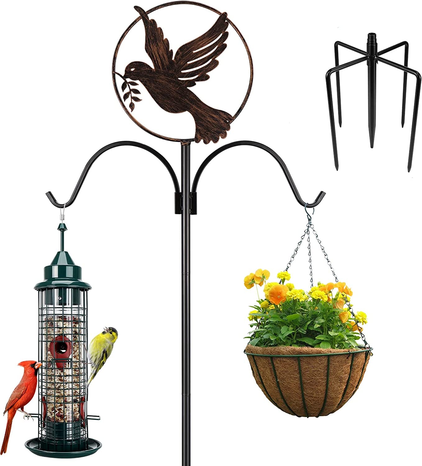 Lupfung, Lupfung Premium Bird Feeding Station, Bird Feeder Pole Multi Bird Feeder Hanging Kit Stand for outside Attracting Wild Birds, Improved 5-Prong Base Design (Black A)
