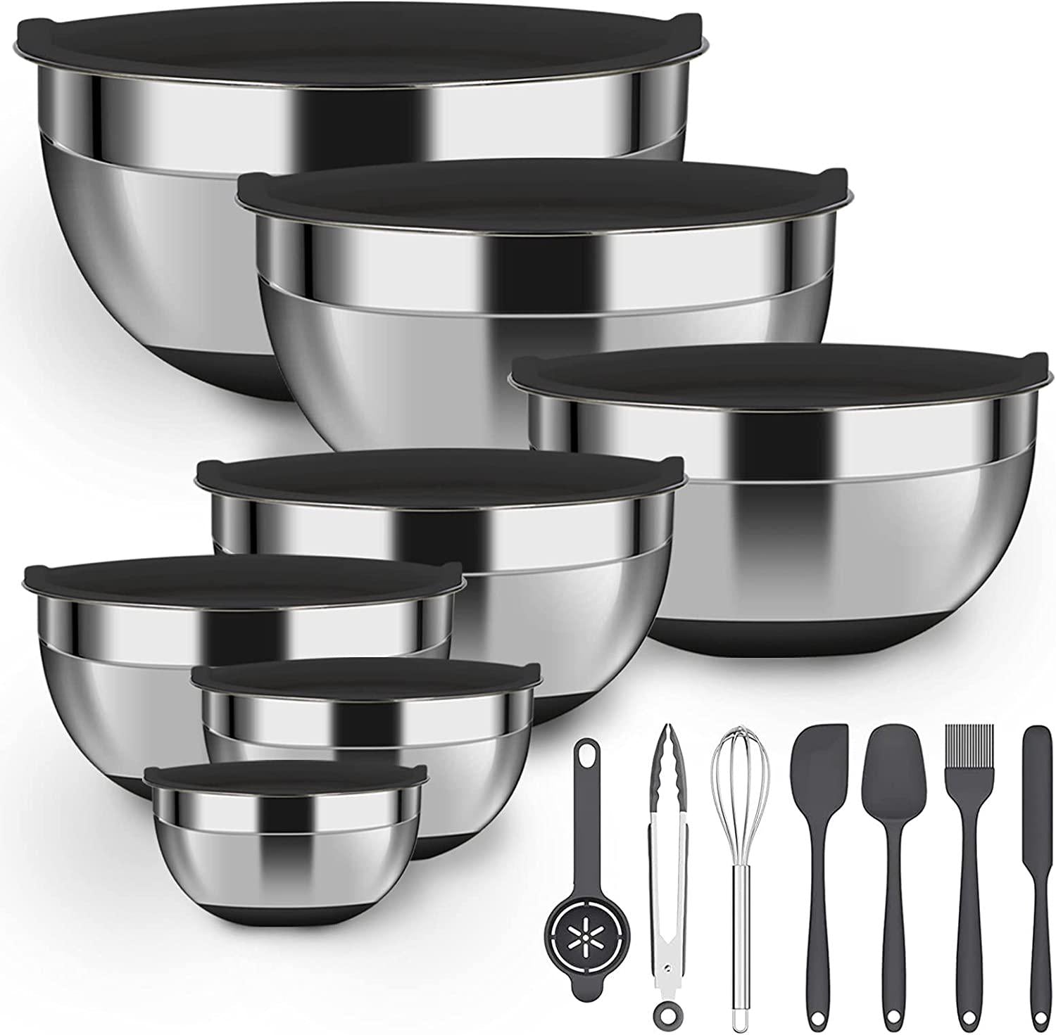 Luvan, Luvan Mixing Bowls with Lids Set , 21 Piece Stainless Steel Metal Mixing Bowls with Non-Slip Silicone Bottom, Kitchen Nesting Bowls for Space Saving,Great for Mixing ,Cooking ,Serving,Prepping (Black)