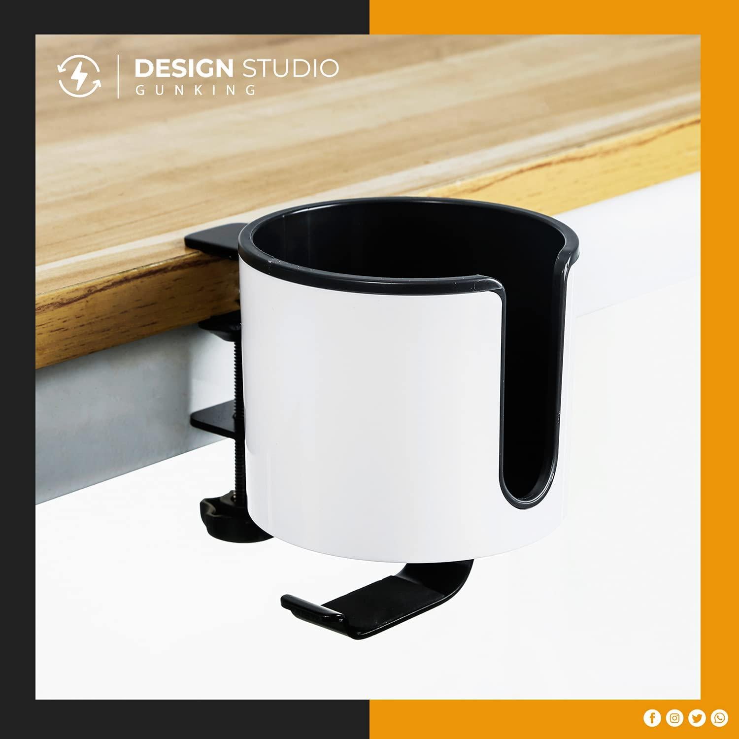 GUNKING, Luxury 2-in-1 Anti-Spill Desk Cup Holder with Under Desk Headphone Hanger Drink Holder (White)