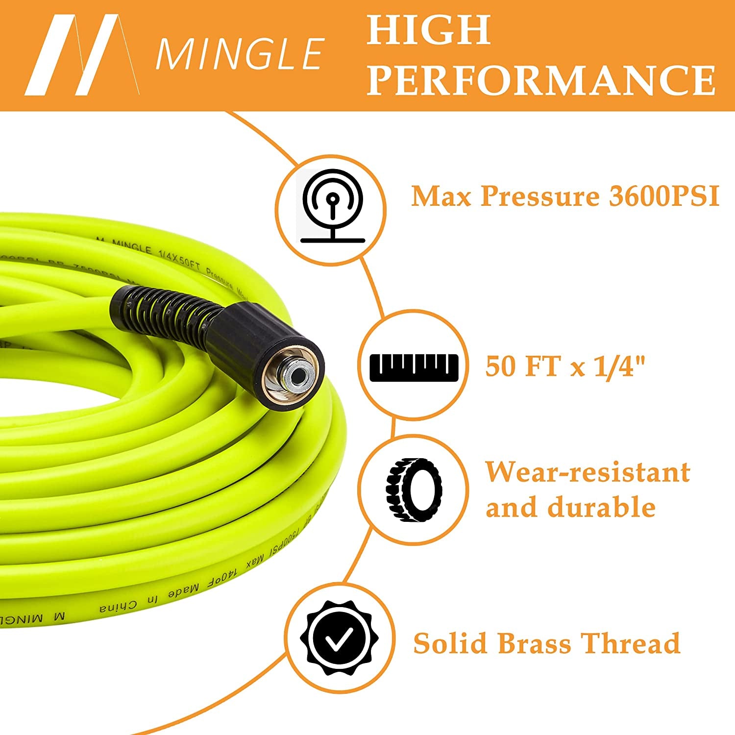 M MINGLE, M MINGLE Pressure Washer Hose 50 FT X 1/4" - Replacement Power Wash Hose with Quick Connect Kits - High Pressure Hose with M22 14Mm Fittings - 3600PSI