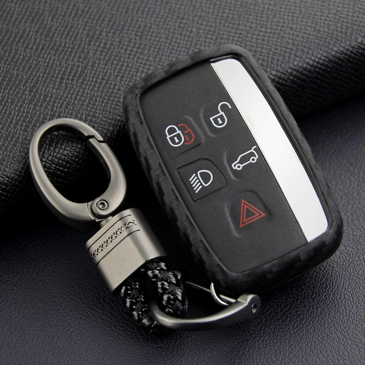 M.JVisun, M.JVisun Soft Silicone Rubber Carbon Fiber Texture Cover Car Remote Key Fob Case for Land Rover Discovery 4/Sport Freelander 2 for Rang Rover Evoque/Sport/Velar - Black - Weave Keychain