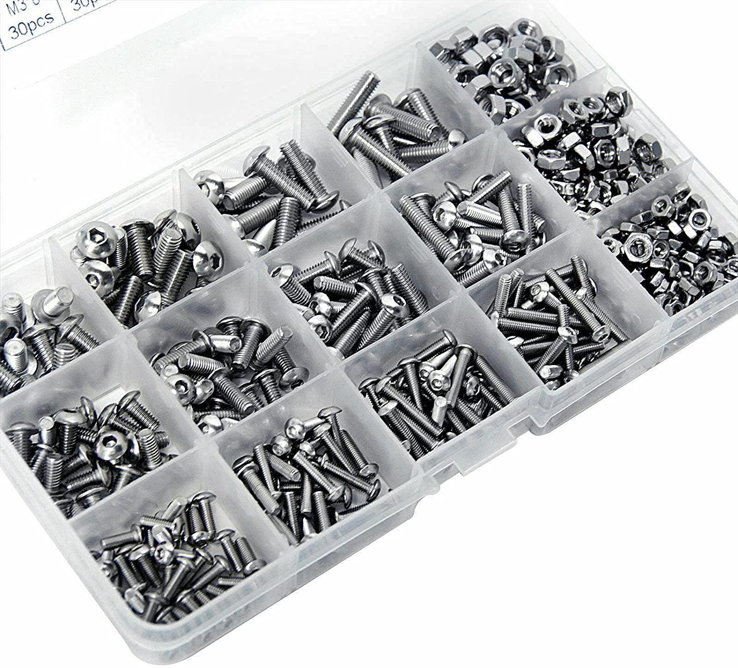 OZSTOCK, M3 M4 M5 304 500pc Stainless Steel Hex Socket Button Head Bolts Screws Nuts Kit