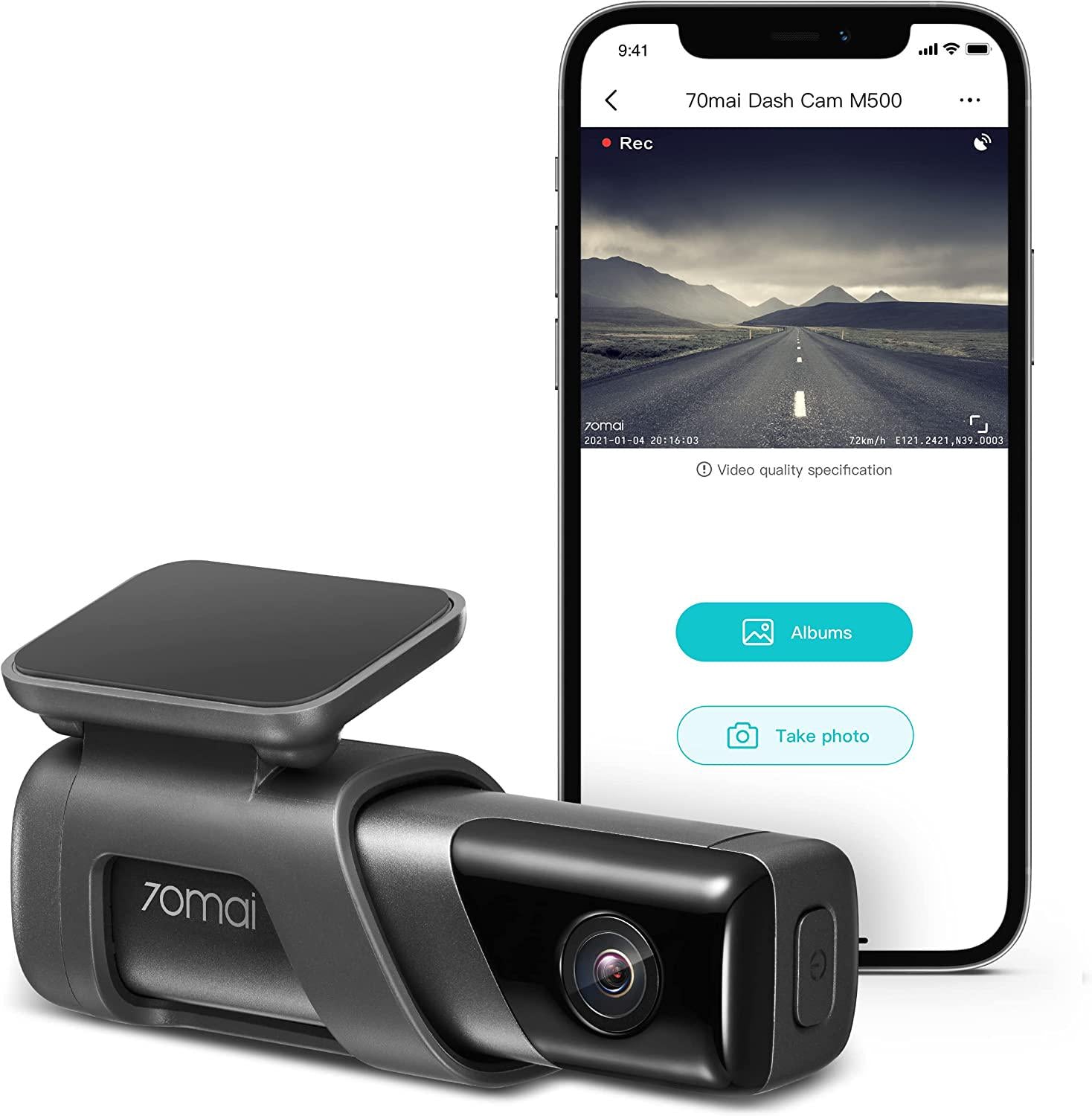 70mai, M500 DashCam, 1944P Resolution, GPS, Extended ADAS, Voice Control, 170° Wide Angle, eMMC Storage, Driving Data Overlay, Wi-Fi, App Control, Optional Parking Monitoring and TPMS (64GB)