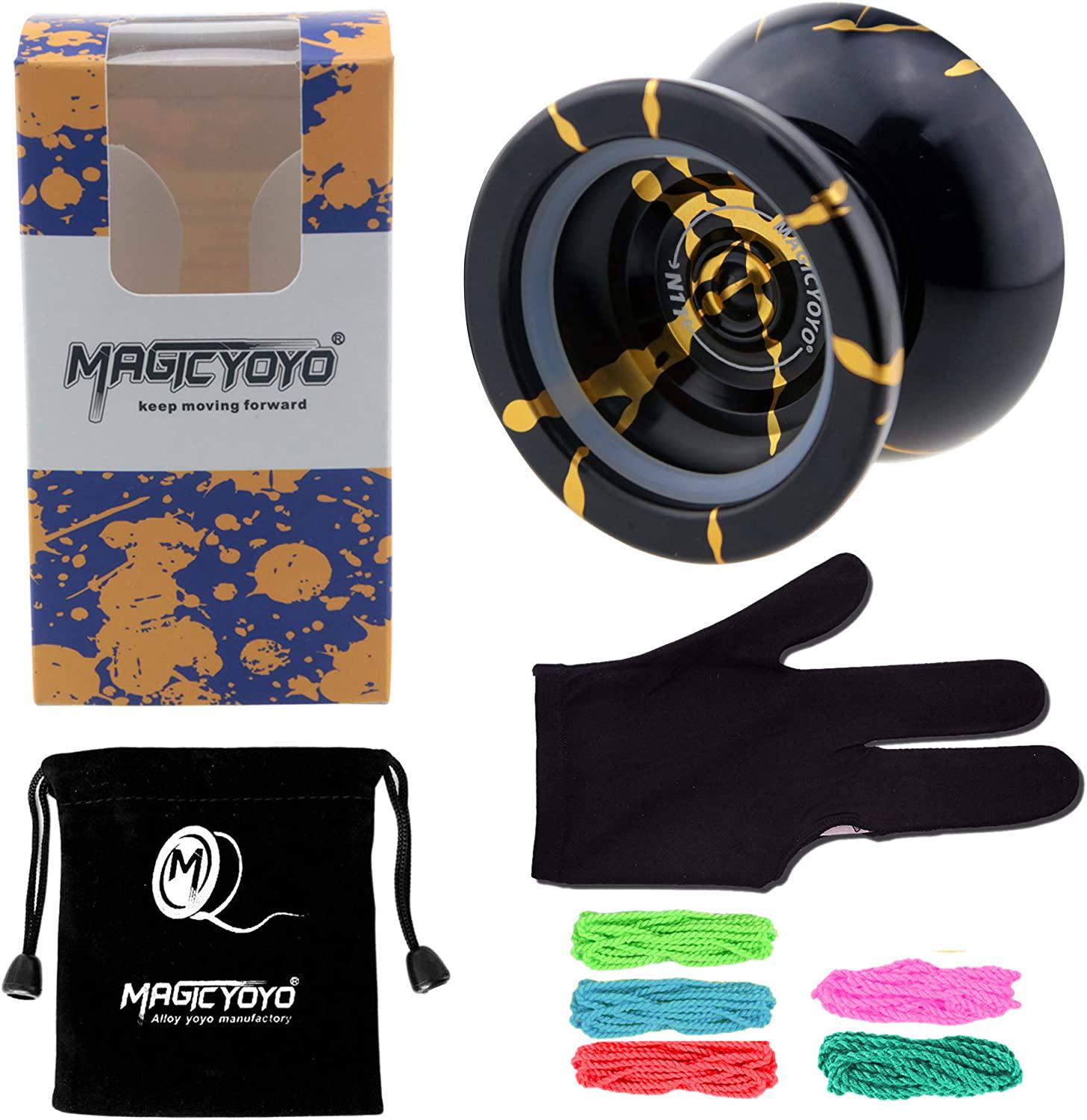 MAGICYOYO, MAGICYOYO N11 Alloy Aluminum Professional Yoyo Unresponsive YoYo Ball (Black Golden) Bag, Glove 5 Strings