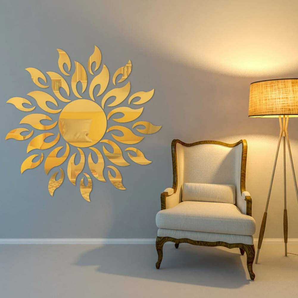MAKLYER, MAKLYER Sun Flower 3D Mirror Wall Stickers Sun Pattern Wall Stickers DIY round Flower Sunflower Removable Acrylic Modern Home Decoration Art ( Gold )