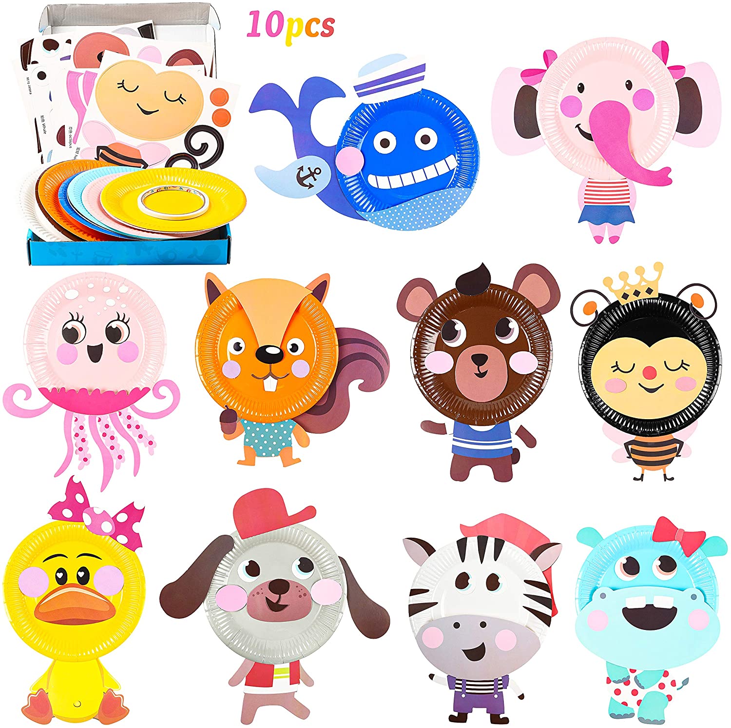 MALLMALL6, MALLMALL6 10Pcs Animal Paper Plate Art Kits for Kids DIY Craft Sticker Card Games Activity Handmade 3D Animals with Body Paper Crafts Project Classroom Supplies for Preschool Toddler Boys Girls